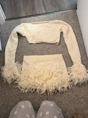Cream Fringe Knit Mini Skirt Two Piece Set